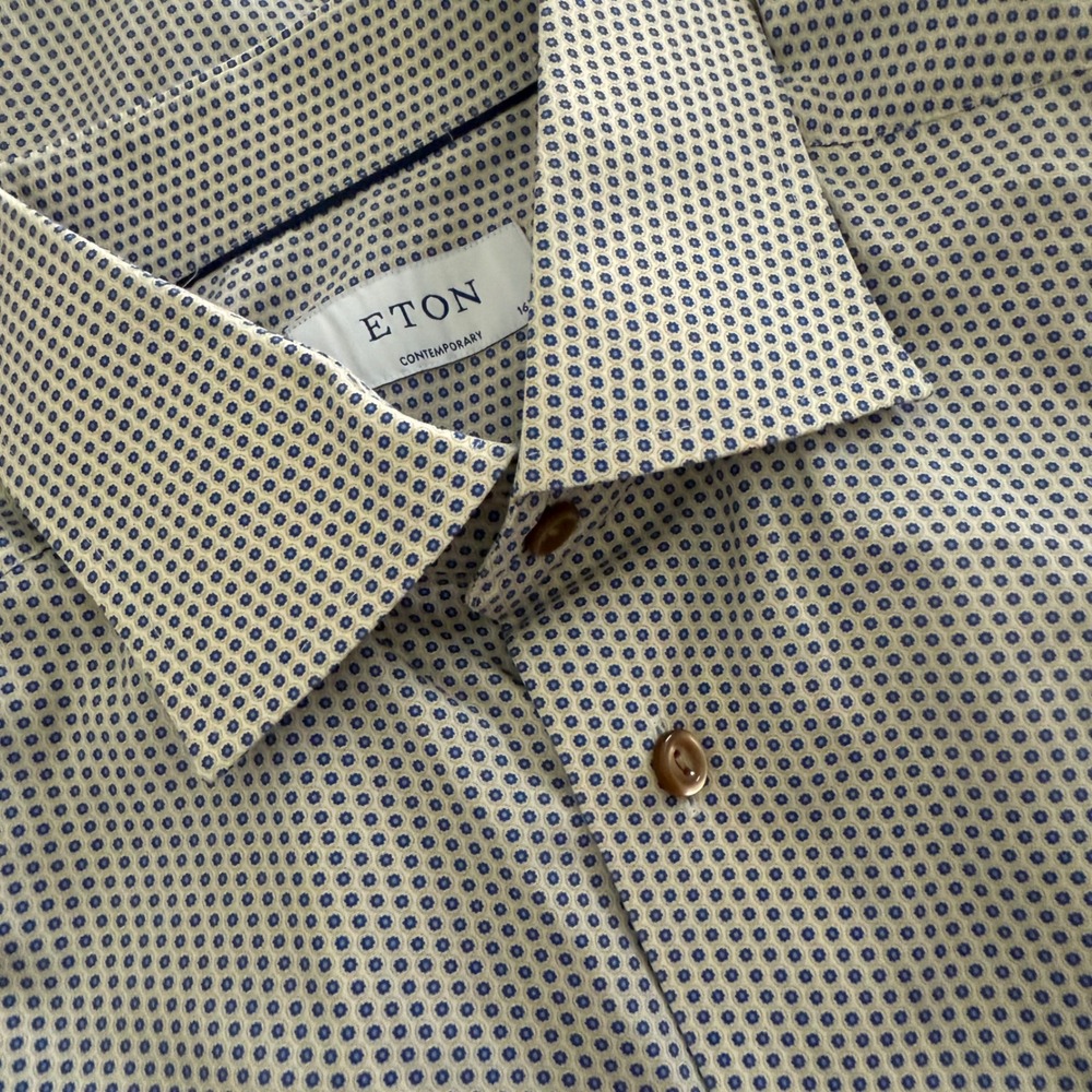 Eton Dress Shirt Mens 16.5 42 Blue Tan Geometric Medallion Contemporary Fit LUXE